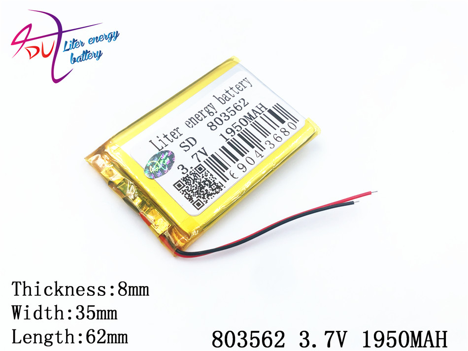 1pcs 3.7V,1950mAH 803562 polymer lithium ion / Li-ion battery for model aircraft,GPS,mp3,mp4,cell phone,speaker,bluetooth