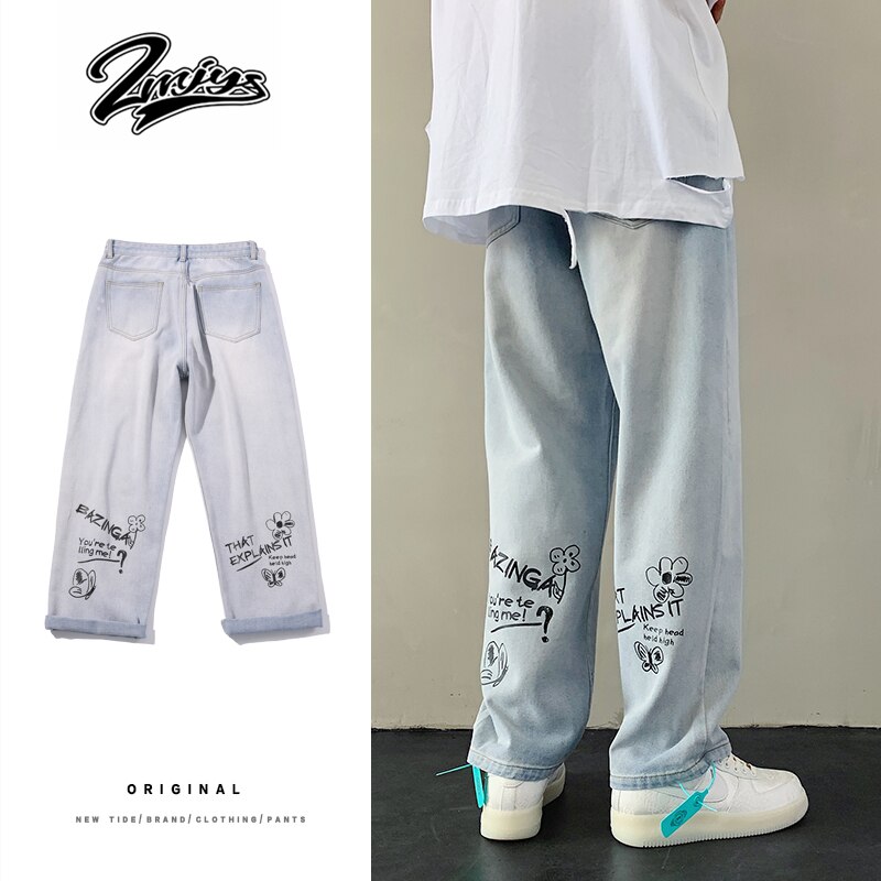 ZAZOMDE Jeans Men Hip Hop Style Denim Pants Graffiti Letter Print Men Jeans Patch Baggy Casual Trouser Hipster Jeans Streetwear: XXL