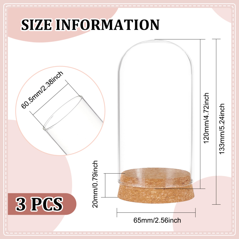 3 Set Dome Display Glazen Pot met Kurk 65x133mm Bell Cloche Glazen Decoratie Case voor Bloemplanten Exemplaren Ambachten Decoraties: Light Grey