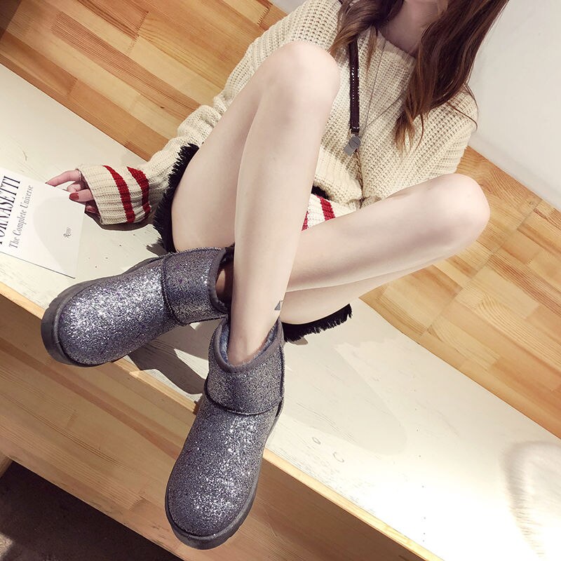 Femmes paillettes neige bottes courte en peluche femme doux dames bottine hiver fourrure Bling plate-forme femme chaussures décontractées