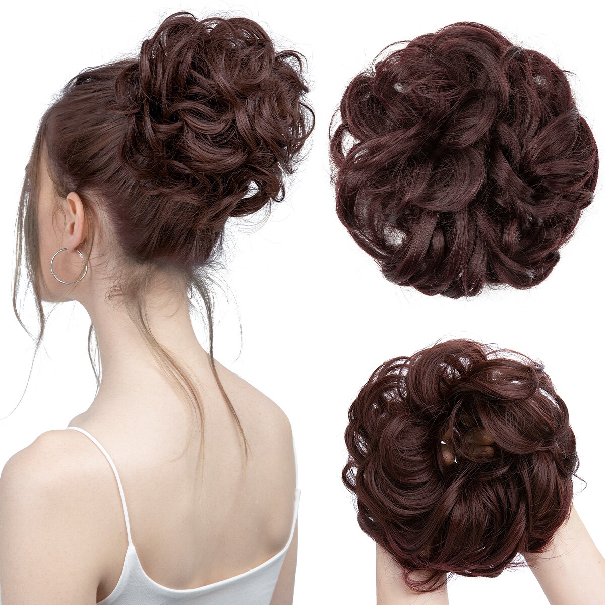 Extensiones de moño de pelo sintético desordenado, moño grande y rizado, gomas para el pelo elásticas, postizos, Donut Updo, piezas de cabello para mujer: T1B / rojo