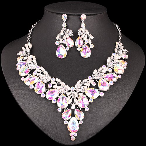 Crystal Ketting Oorbellen Indian Luxe Bruids Sieraden Set Wedding Party Prom Kostuum Sieraden Kerstcadeau voor Vrouwen