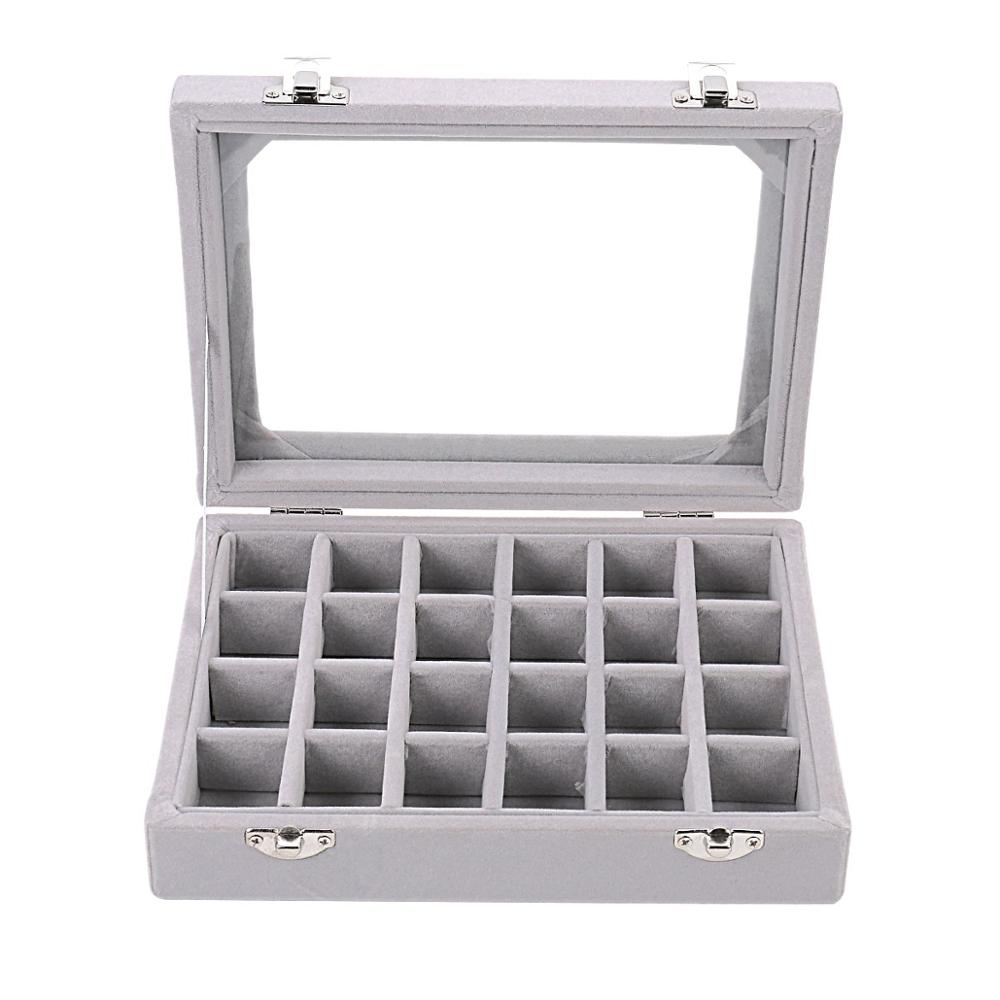 Earring Storage Case 24 Grids & 7 Slots Ring Velvet Display Case Box Ring Organizer Jewelry Tray Showcase Clear Glass Lid-Gray