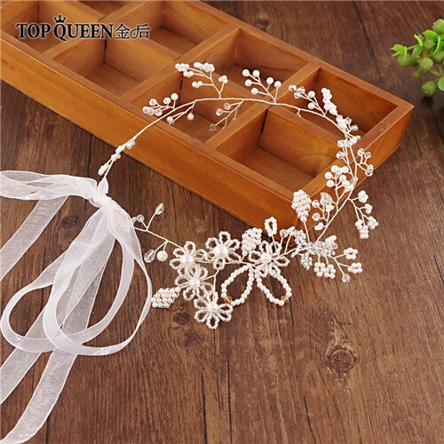 Extensiones de pelo de novia Vintage TOPQUEEN, diadema de perlas de plata para boda, diadema de cristal para novia HP07: off-white organza