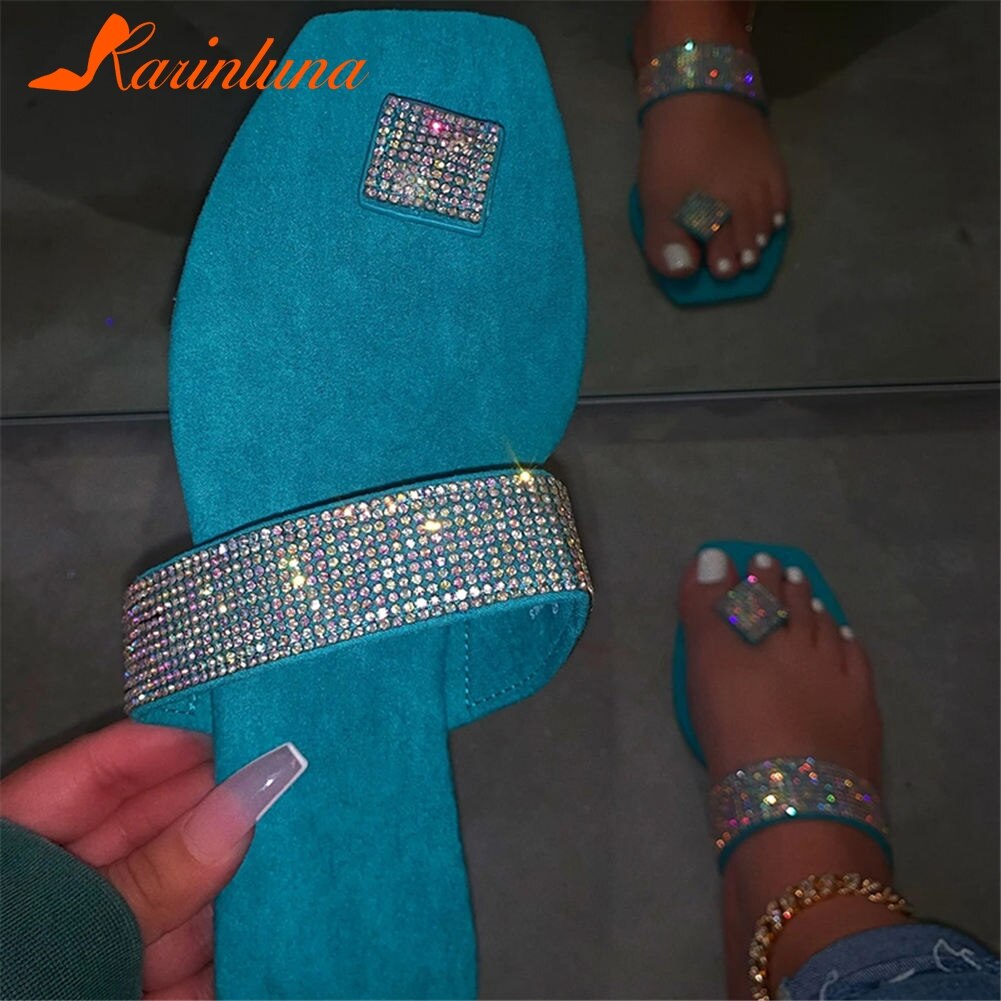 Stor størrelse 42 sommer bling flip flops fritidsleilighet komfortabel ferie ins sandal kvinner tøfler: Blå / 9.5