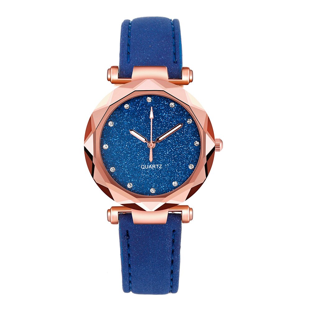 Ladies Korean Rhinestone Rose Gold Quartz Watch Female Belt Watch montre femme часы женские zegarki damskie: Blue