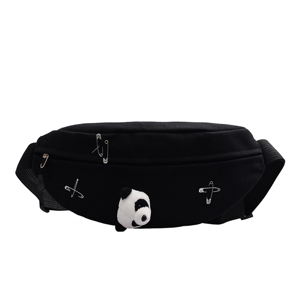 Fanny Pack pour femmes toile taille sac mignon Panda frais étudiant sac à bandoulière Harajuku nerka rein poitrine sacs sac banane femme: Black