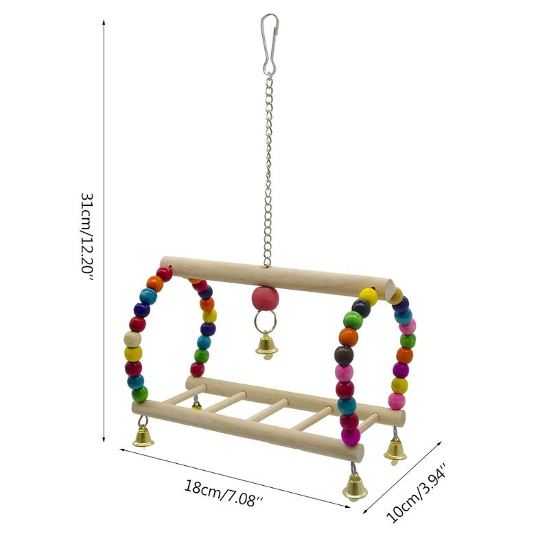 Loro de juguete pájaro colgante de madera de oscilación escalera para loros pájaro jaula de mascar juguete Bell 53CA