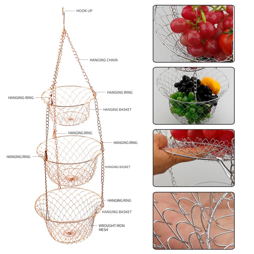 3-Tier Kitchen Hanging Fruit Basket Wire Hanging Folding Basket for Kitchen Storage