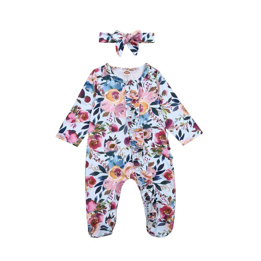 Newborn Infant Baby Boy Footies Sleeper Romper Floral Print One Piece Headband Toddler Baby Girls Winter Romper Jumpsuit Clothes