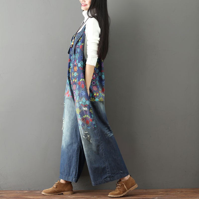 Helisopus-Mono vaquero Vintage con estampado de flores para mujer, peto con agujeros rasgados de talla grande, peto de piernas anchas, Peto vaquero con entrepierna caída