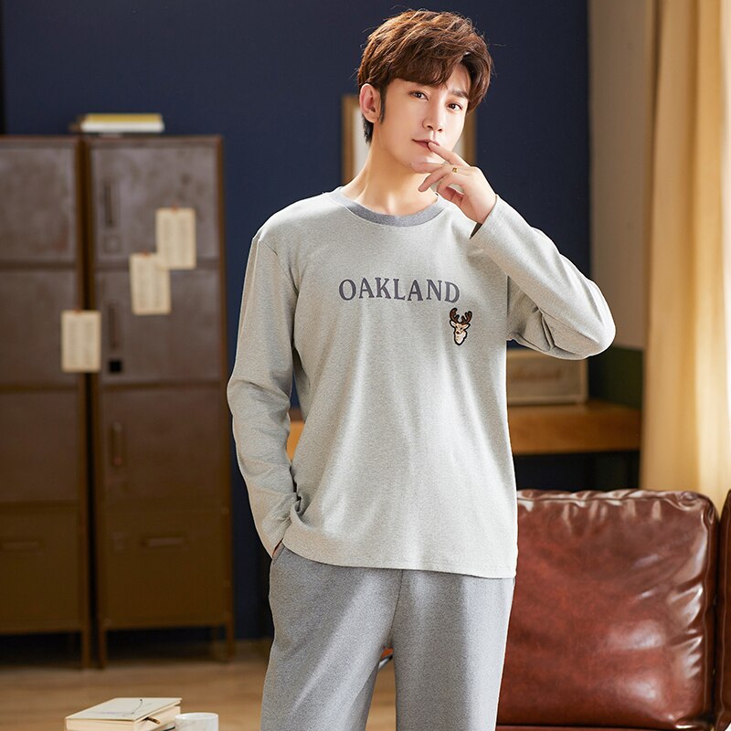 SONG Spring Autumn Men's Pajama Sets Pure Cotton L-XXXL Long Sleeve Home Wear Suit Warm Casual Solid Pyjamas 2 Pieces