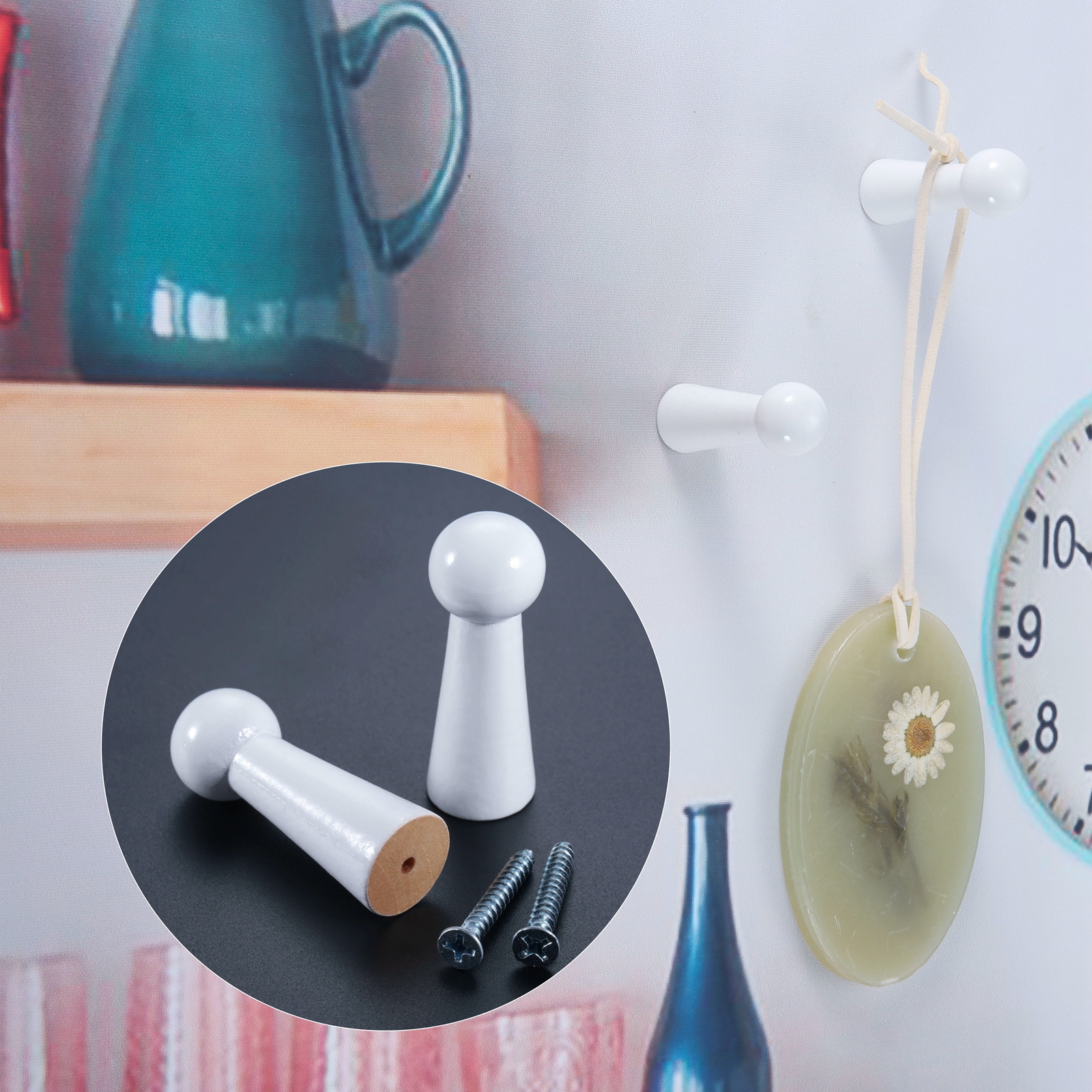 2 Stuks Houten Peg Hangers 50Mm Eenvoudige Pop Vormige Decoratieve Opknoping Jas Handtas Handdoek Muur Gemonteerde Haken Rack M3 Gat En Schroeven: WHITE