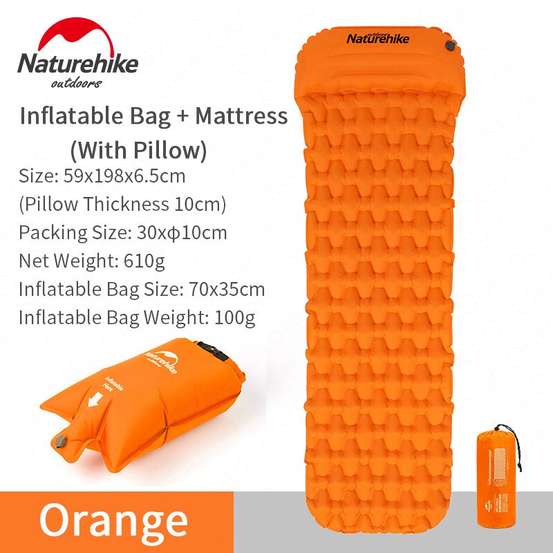 Naturvandring uppblåsbar liggmadrass bärbar hopfällbar enskild person vidga luft liggunderlag ultralätt campingtältmatta: Kuddset-orange