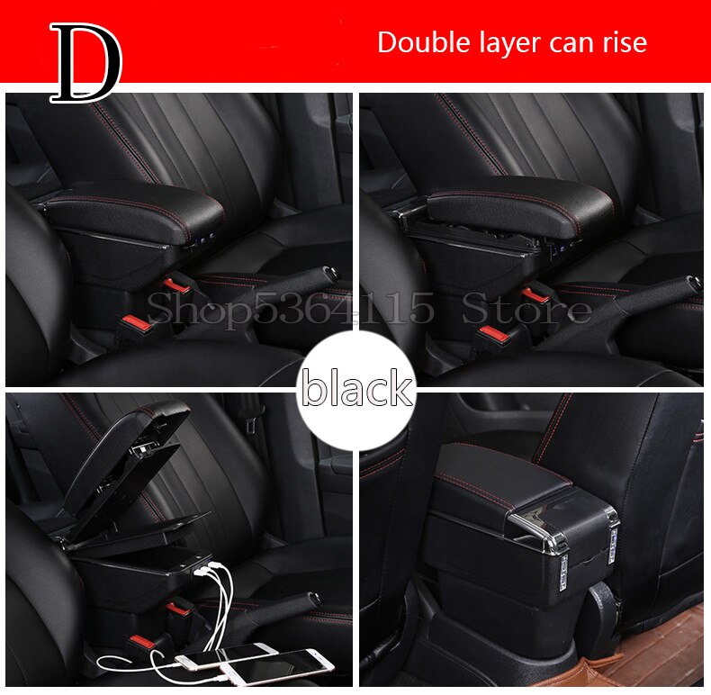 Accoudoir universel en cuir pu, boîte de rangement centrale, accessoires de style automobile, main courante rotative: D noir