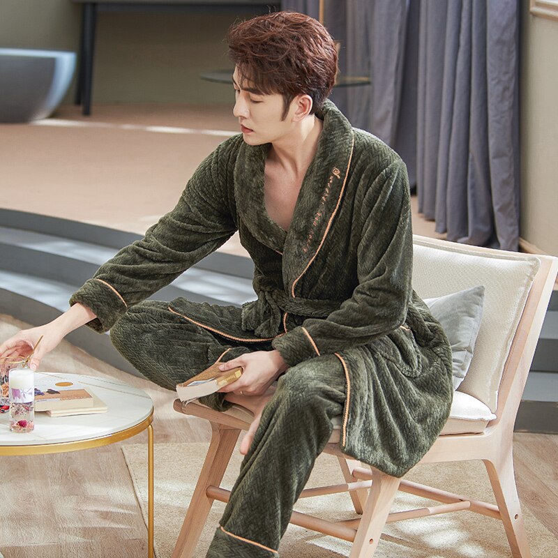 Dikke Warme Flanel Robe + Broek 2Pc Winter Fall Mannen Pyjama Pak Coral Fleece Kleed Set Volledige Mouw Nachtkleding mannen Pijamas Homewear