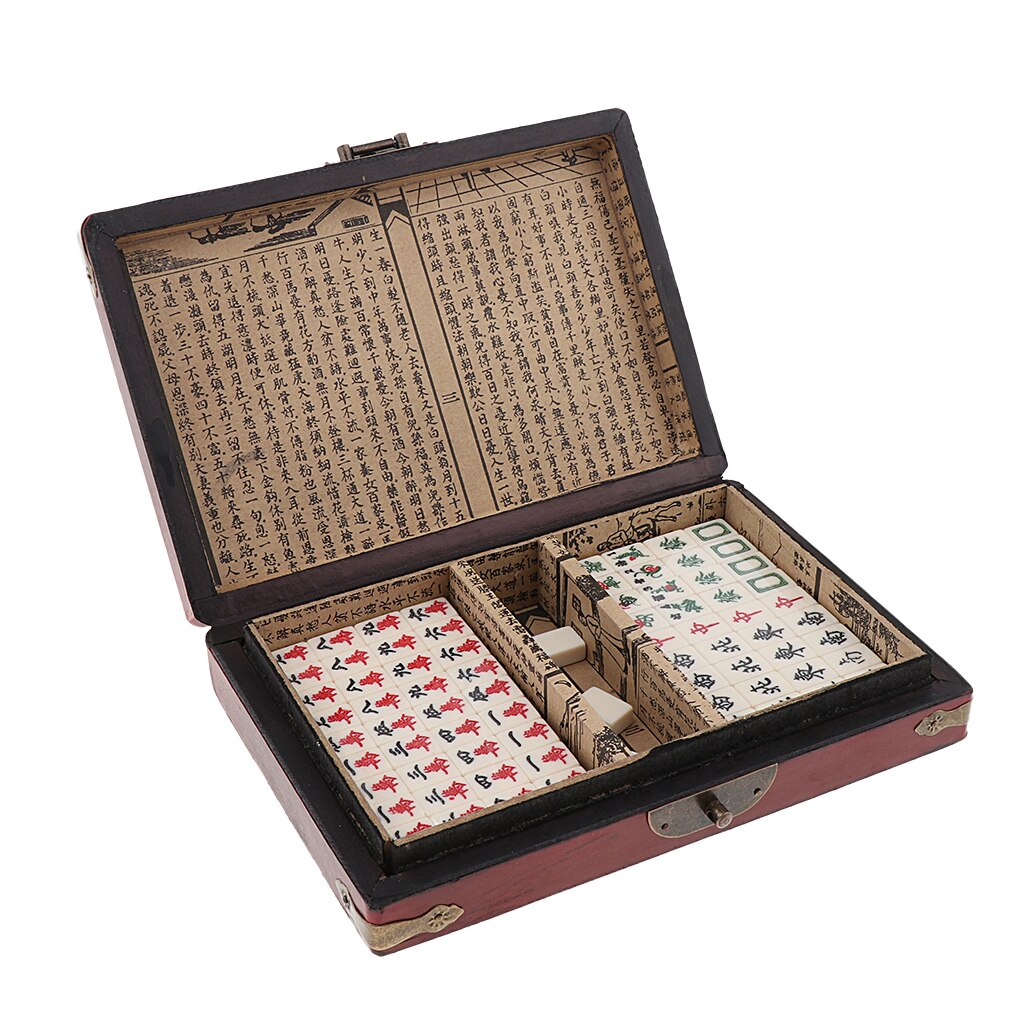 Small Szie Traditional Chinese Version Mahjong Game Set - 144 Fiberboard Tiles & Instruction in Wooden Storage Box