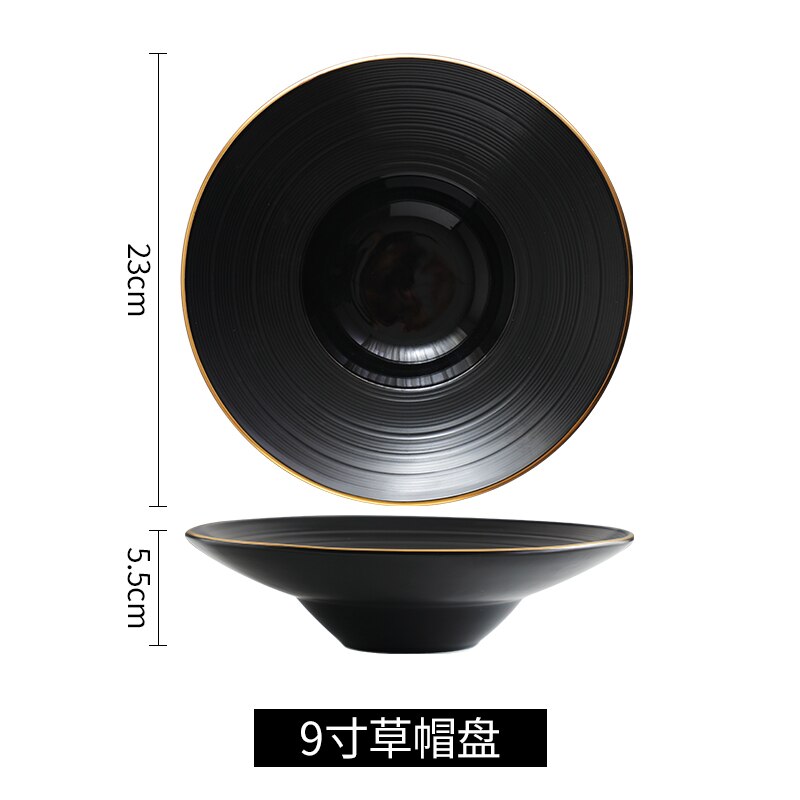 European breakfast Western plate simple black pasta plate household dish ceramic soup plate straw hat plate: 9 inches