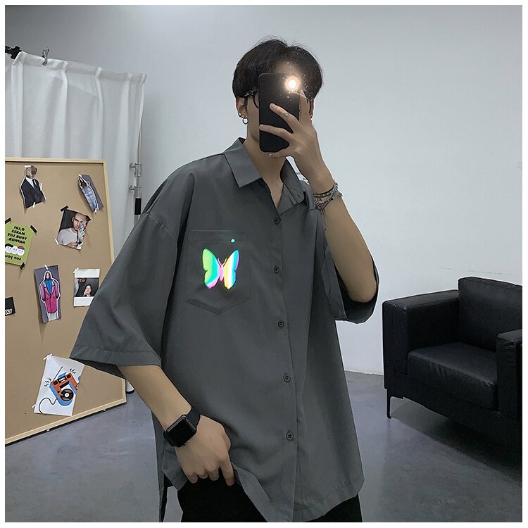 Chemises homme privathink réfléchissantes à motif papillon, style coréen, manches mi-longues, style harajuku, style hip-hop, décontractées: Gris (taille asiatique) / M
