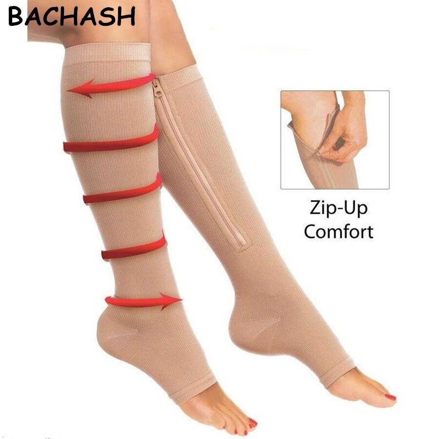 BACHASH 2 Pair Women's Slim Sleeping Beauty Leg Shaper Compression Stocking Zipper Leg Support Knee Stockings Beige Black S-L