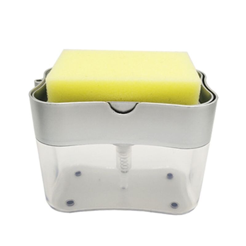 Liquid Soap Pump Dispenser with Sponge Holder Cleaning Container Manual Press Soap Organizer Kitchen Cleaner Tool Home: Silver