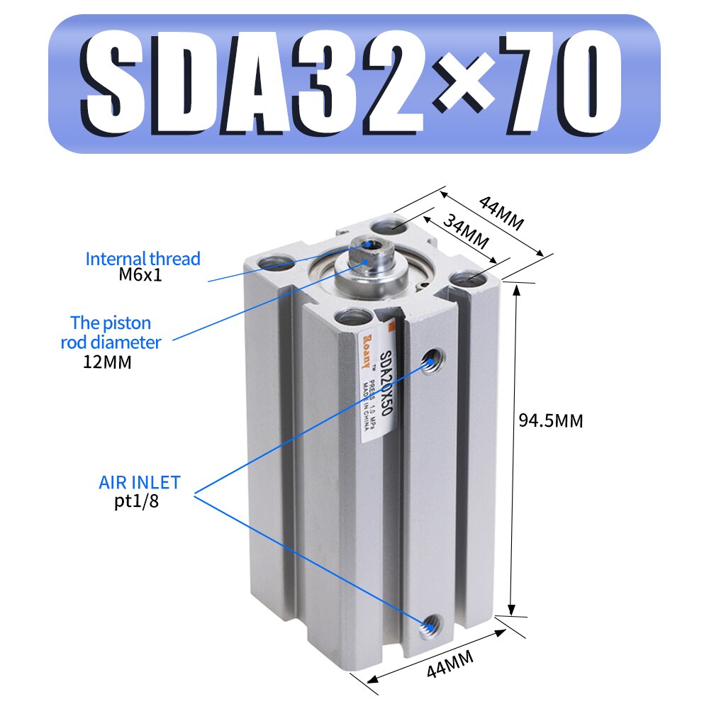 Sda Serie Pneumatische Compact Air Accessoires Cilinder Cilinder 32 Mm Boring Naar 5 10 15 20 25 30 35 40 45 50Mm Slag: Stroke 70mm