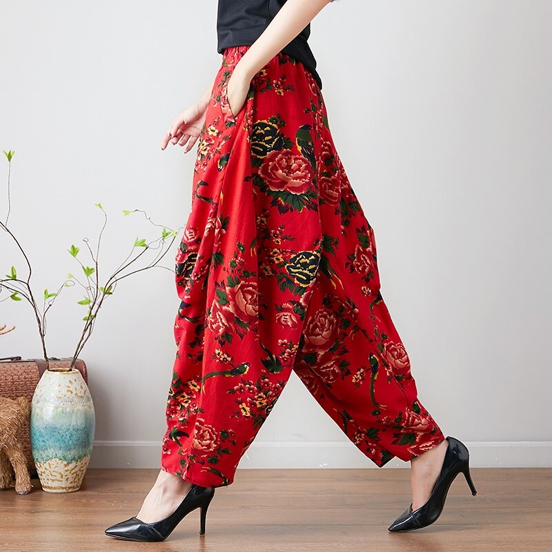 China Style Baggy Harem Pants Women Causal Print Cross-Pants Loose Trousers Lantern Wide Leg Cotton Linen Retro Pants Plus 11435: 5