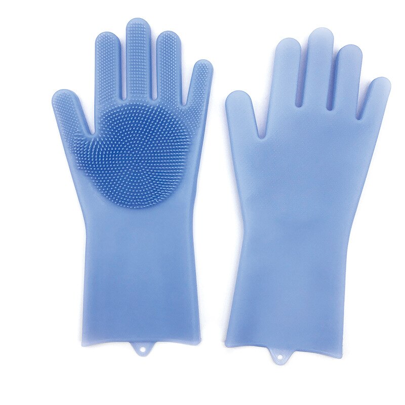 1 par handsker køkken silikone rengøringshandsker magisk silikone opvask handske til husholdnings skrubber gummi køkken rent værktøj: Blå