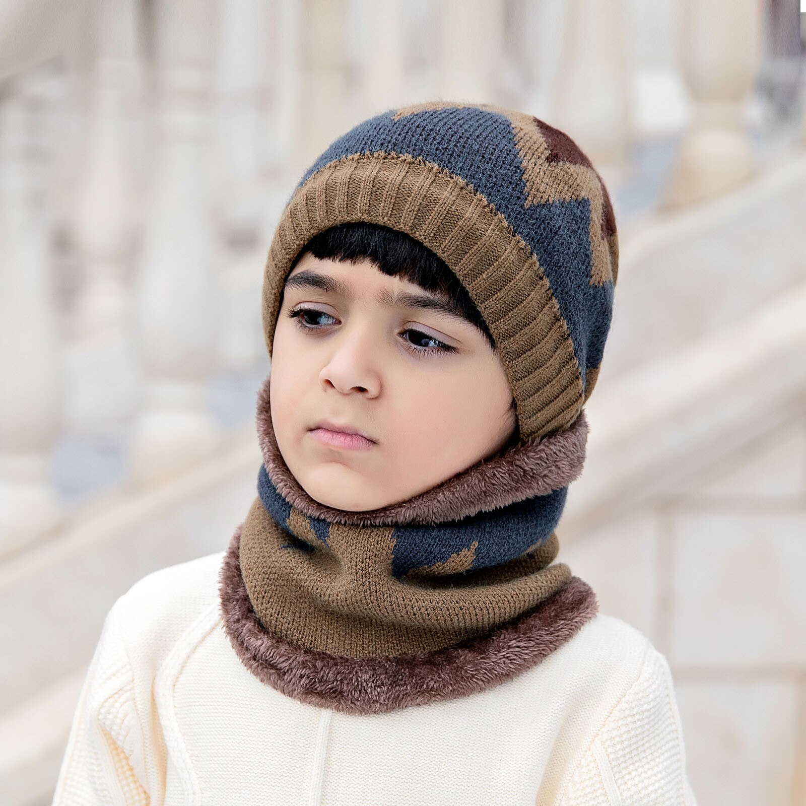 Warm Beanies Hat For Girl Ring Scarf Pompoms Winter Hats Knitted Caps Scarf 2 Pieces Winter Hat Scarf Set For child: Coffee 