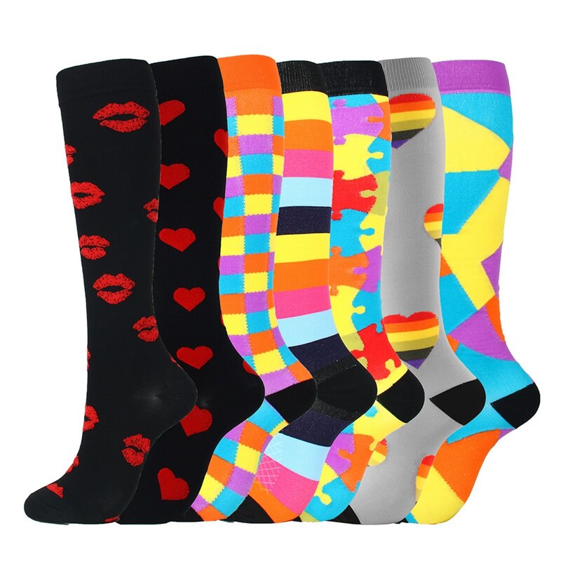 7PCS/Set Compression Socks Richly Colorful Kit Knee High Polyester Nylon Printed Hosiery Footwear Outdoor Sports Casual Socks: E / M/L