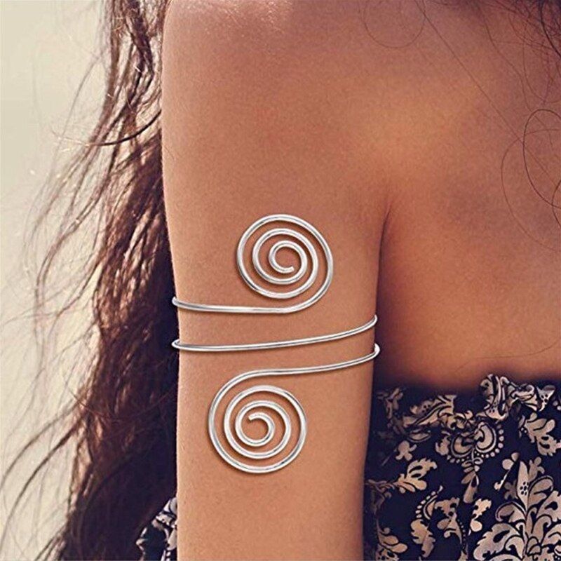 Alloy Spiral Armband Swirl Upper Arm Cuff Armlet Bangle Bracelet Egyptian Costume Accessory for Women Gold Silver Color