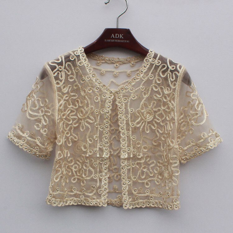 Frauen Grundlegende Mantel Stickerei Band Perlen Verschönert Kurzarm Strickjacke Sehen-Durch schier Spitze Gittergewebe Bolero oben Jacke: Beige / L