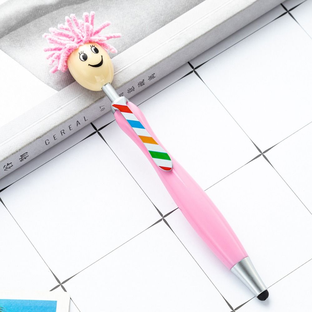 Estantes de cabeza de fregona de pelo de felpa, bolígrafos con pintura, expresión Facial, bolígrafos con forma de muñeca de dibujos animados, cara sonriente colorida: Gris claro