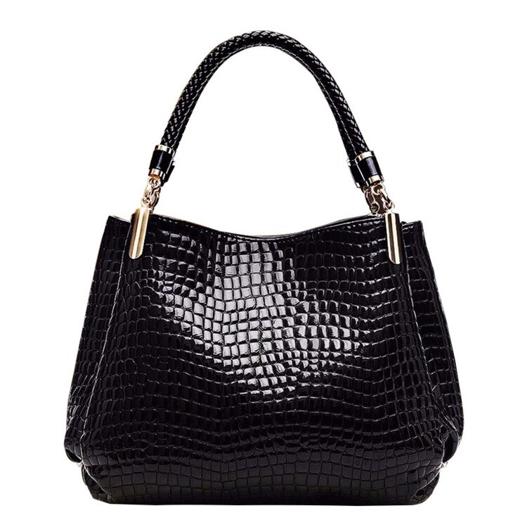 Crocodile Pattern Luxury Handbags Women Bags Winter PU Leather Top-handle Bags Woven Handle Ladies Casual Tote: BLACK