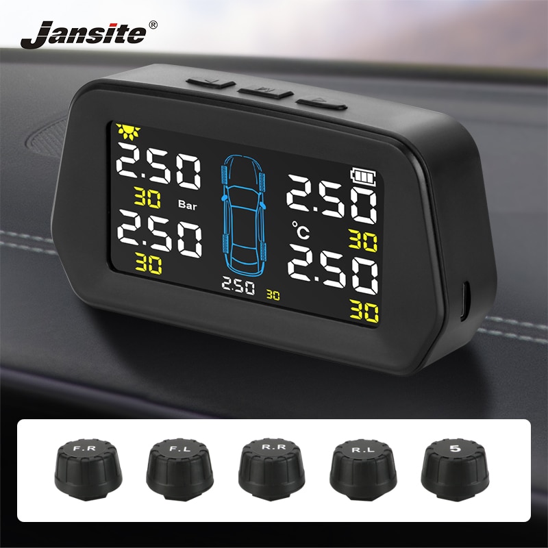 Jansite Tpms 5 Banden Alarm Bandenspanning Sensoren Monitoring Systeem Groot Scherm Solar Power Auto Beveiliging Bandenspanning Controle