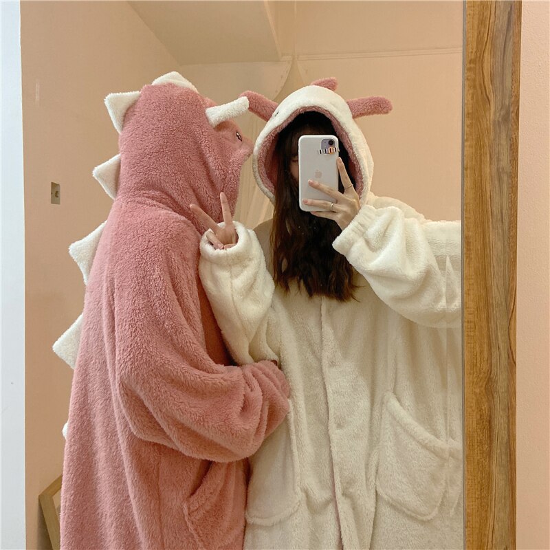 Pijamas con orejas de dibujos animados para mujer, ropa de dormir con capucha de lana de Coral, bonita y cálida para el hogar, Otoño e Invierno