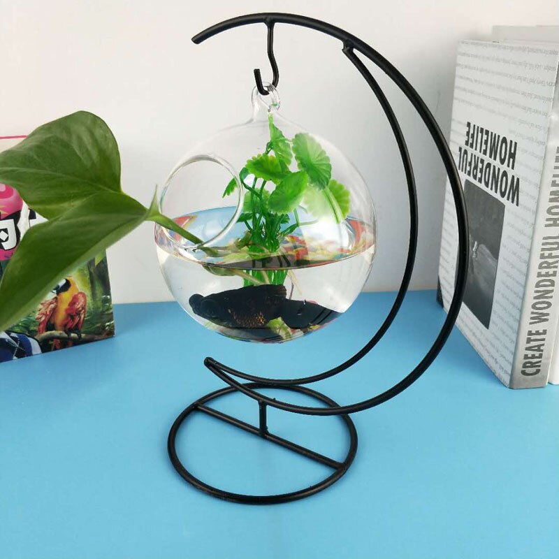 Desktop Hanging Mini Aquatic Plants Vase Fish Tank Glass Fish Tank Transparent Goldfish Tank Iron Support Aquarium