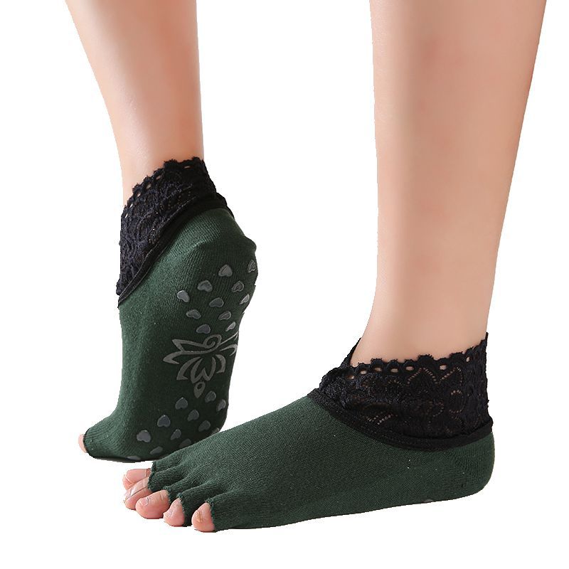 1 pair Women Yoga Five Toe Anti-Slip Ankle Grip Socks Dots Pilates Fitness Gym Socks Ladies Sports Socks With Lace: A Green