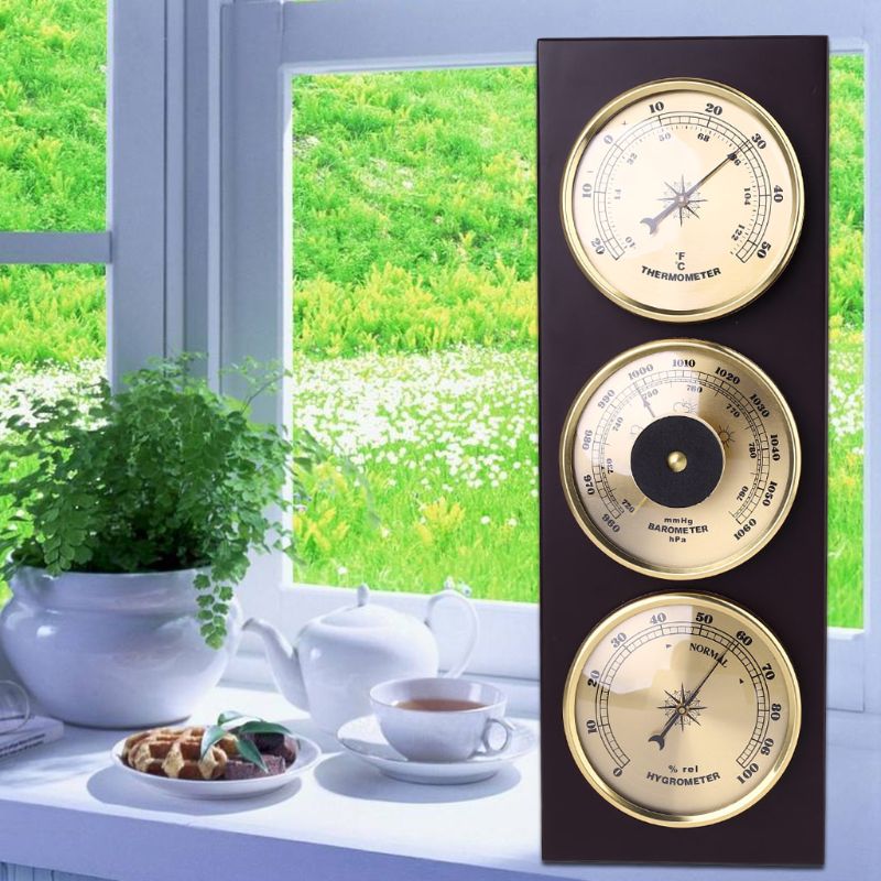 3Pcs/Set Thermometer Barometer Hygrometer Weather Station with Wooden Frame Base Ornaments 31cm x 11cm