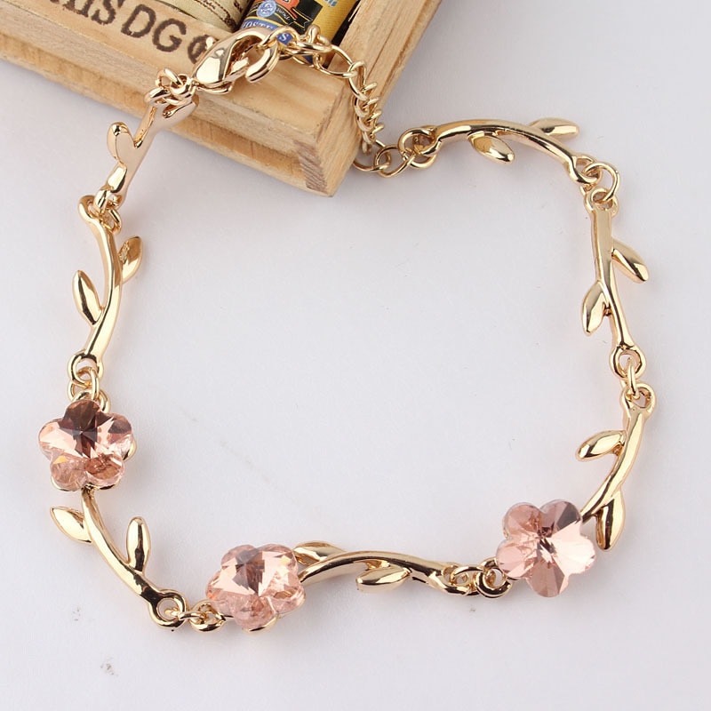 Gold-color Pink Crystal Flower Charms Bracelets Bangles For Women Jewelry