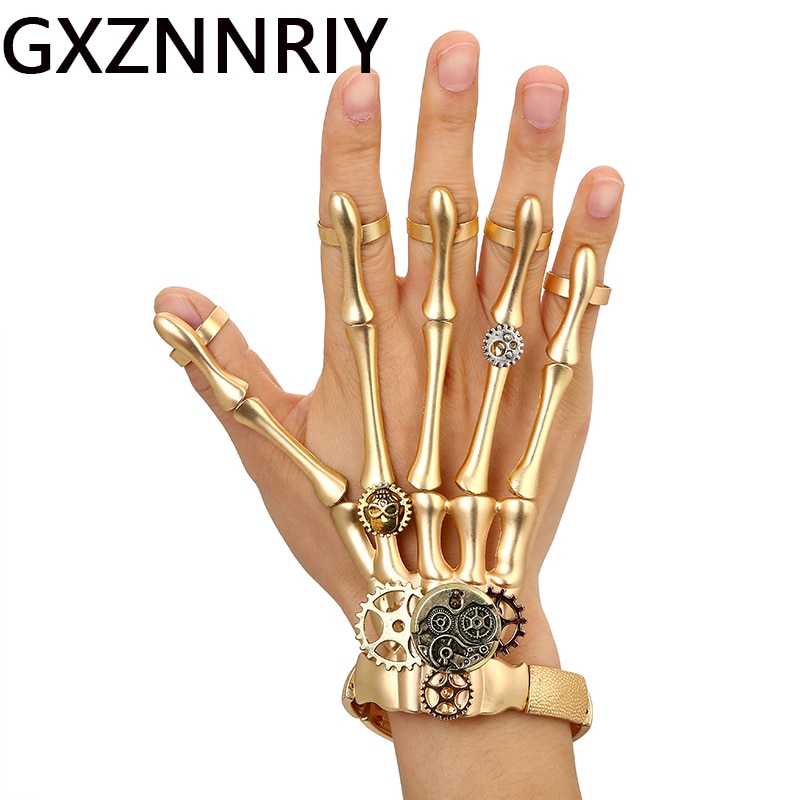 Gold Punk Armbänder Armreifen für Frauen Halloween Zubehör Schädel Skelett Hand Ring Elastische Steampunk Männer Schmuck