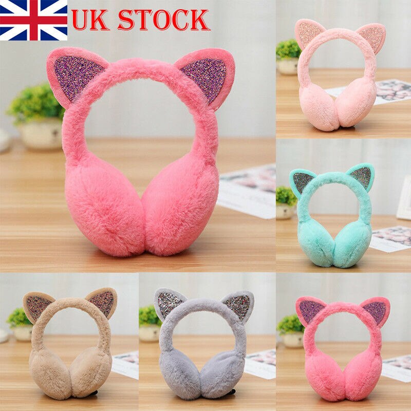 Winter Chic Sequin Folding Cat Ears Earmuffs for Women and Girls Plush Fur Ear Warmer Bun with Glitter Headband Cartoon Pattern