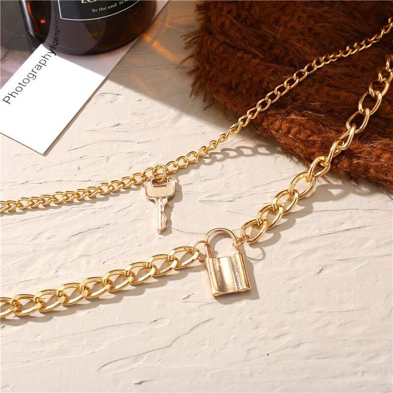 Trendy Key Lock Pendant Necklace For Women Men Punk Big Chunky Chain Multilayed Lock Pendant Necklaces Jewelry Party