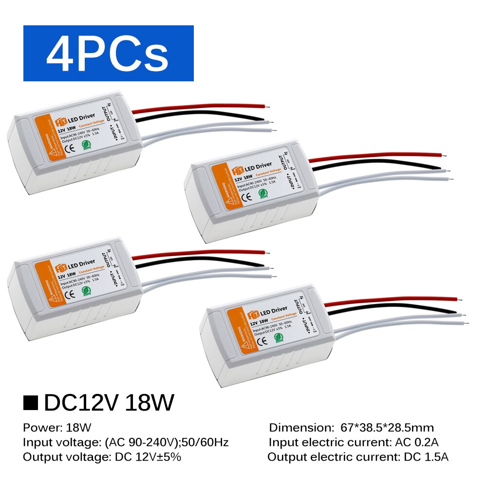 Dc 12v led driver 18w 36w 72w 100w lys transformatorer led driver til led strip lys 12v strømforsyning adapter: 18w - 4 stk