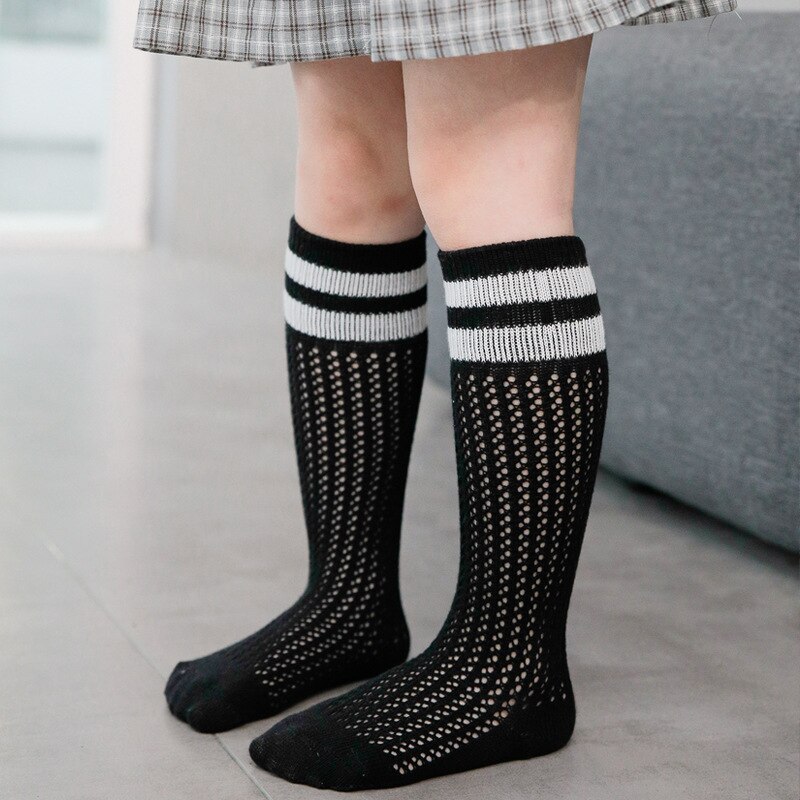 Calcetines largos a rayas para niños y niñas, calcetín hasta la rodilla de malla de algodón suave, medias transpirables finas para niños de 3 a 12 años, verano 2022: Black / 5-8 Years (M)