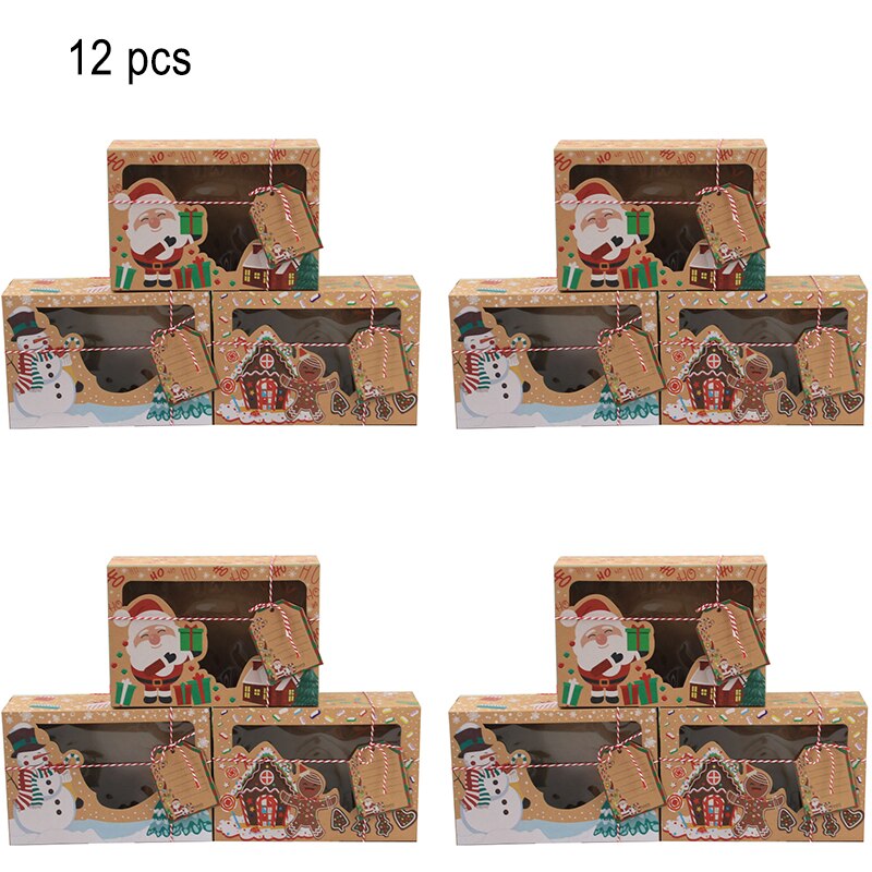 12Pcs Kraft Paper Portable Christmas Box Party Favor Holders Candy Box Cookie Boxes With Snowman Santa Claus Card: 12pcs
