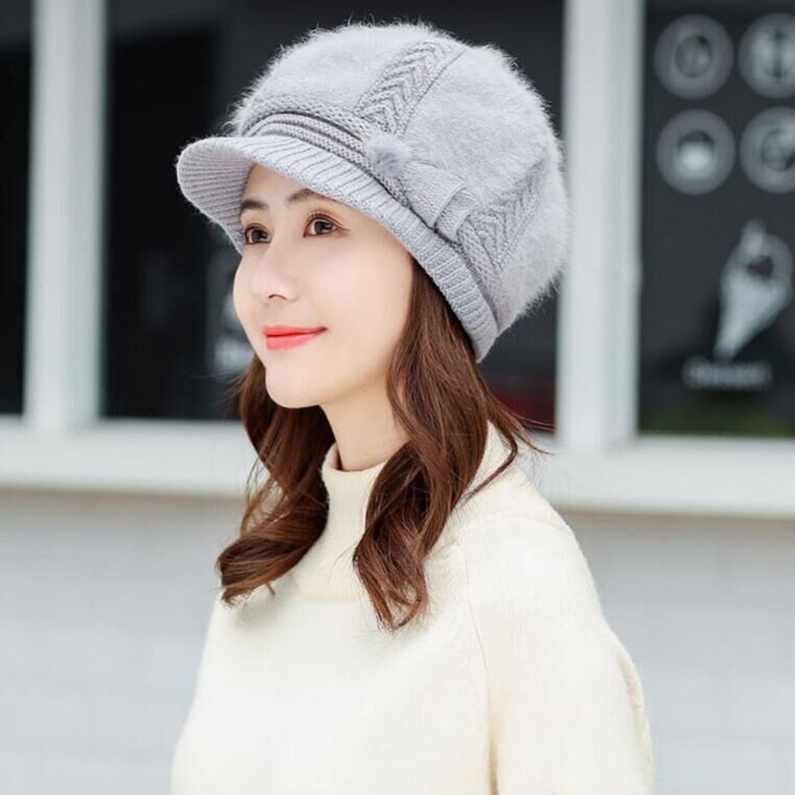 Winter dames gebreide baret muts met klep verguld roze wijnrood warme zachte effen muts dames imitatiebont muts