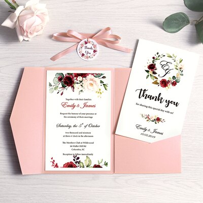 1pc Wedding Invitation Navy Blue Pocket Burgundy Greeting Card with Envelope Party With Ribbon and Tag: DH0001P