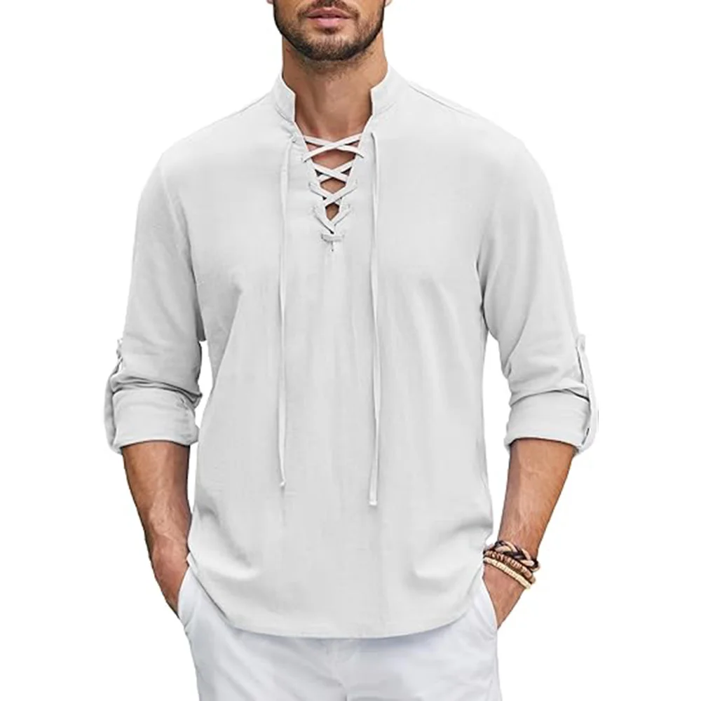 Heren Renaissance Shirt Piraat Middeleeuwse Viking Top Katoenen Linnen Shirts Heren Lange Mouwen Halloween Kostuum: XL / Blauw