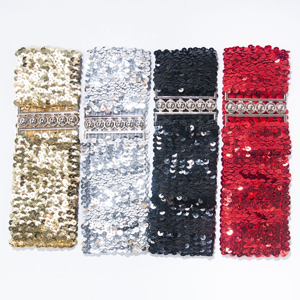 Cinturón elástico de lentejuelas para mujer, cinturón ancho con hebilla de Metal, Color sólido, brillante, informal, corsé, correa, decoración para vestido